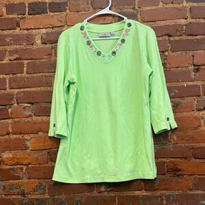 The Quacker Factory Embroidered Gem Detailed Green Women's Tunic Top Size medium